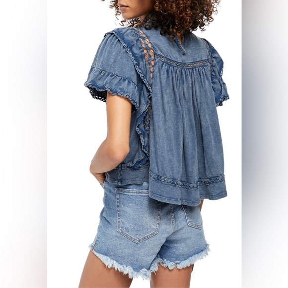Free People Blue Ruffled Top - Picture 2 of 6